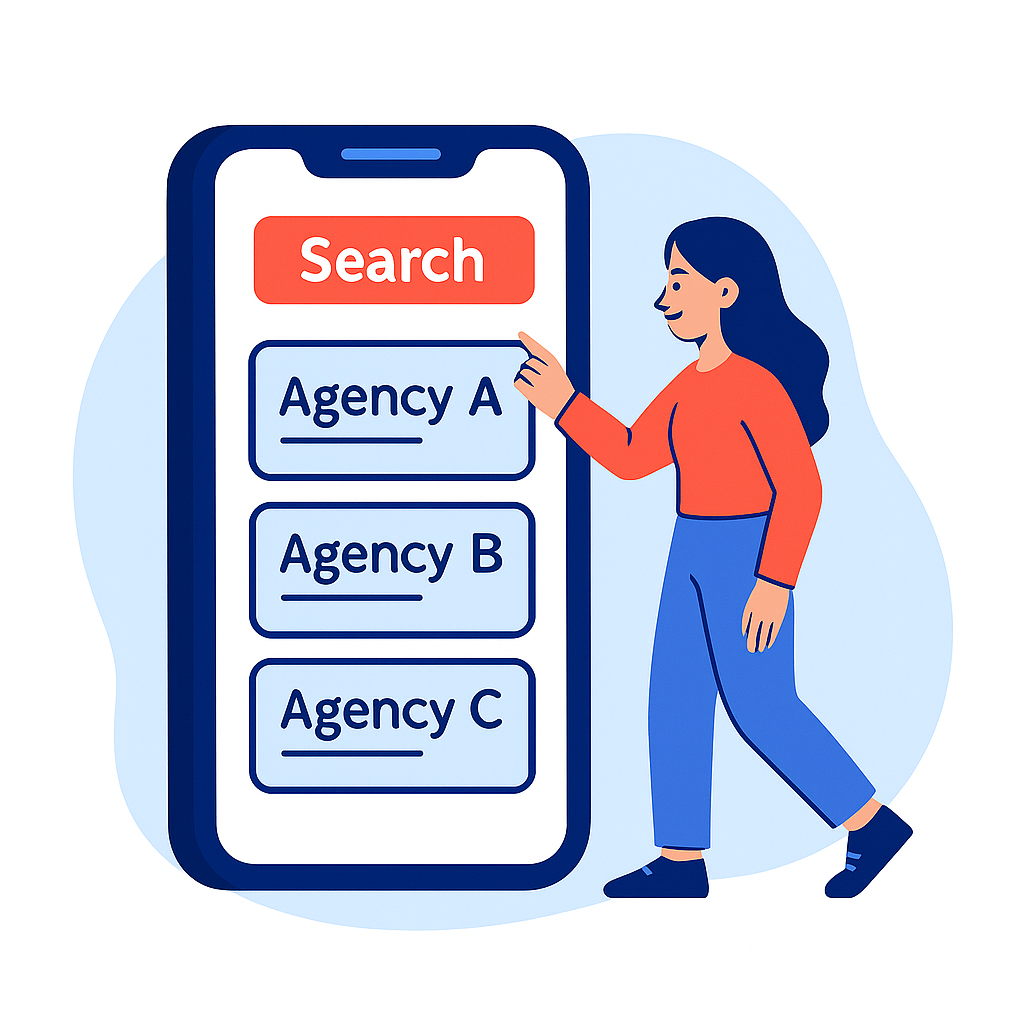 Illustration of a woman touching a large smartphone screen displaying a search button and a list of agencies, including Agency A, Agency B, and Agency C. She appears to be selecting a WordPress agency from the options.