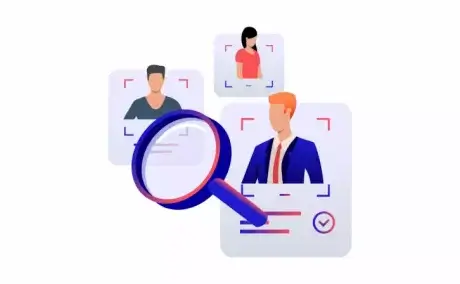 Illustration of a large magnifying glass hovering over three profile images, each with placeholder silhouettes. One profile shows a person in a suit, suggesting a focus on selection or recruitment.