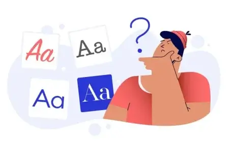 Illustration of a person in a red shirt and cap, pondering with a question mark above their head. They are surrounded by four cards showing different styles of the letter 'A' in uppercase and lowercase, suggesting a choice between fonts.