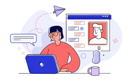 Illustration of a person with glasses working on a laptop. There's a chat bubble near them, a paper airplane flying above, and a screen displaying a picture of another person. A coffee cup is on the table. Abstract design elements are in the background.
