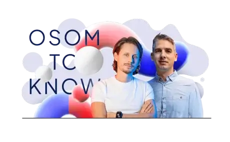 Two men stand in front of a graphic background with abstract shapes in blue, red, and white. The words "OSOM TO KNOW" are partially visible in the background.