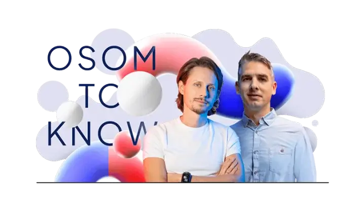 Two men stand in front of a graphic background with abstract shapes in blue, red, and white. The words "OSOM TO KNOW" are partially visible in the background.