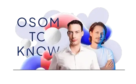 Two men are in front of a colorful, abstract design with 3D shapes. One is wearing a white shirt, and the other a white t-shirt. The text "OSOM TO KNOW" is partially visible in the background.