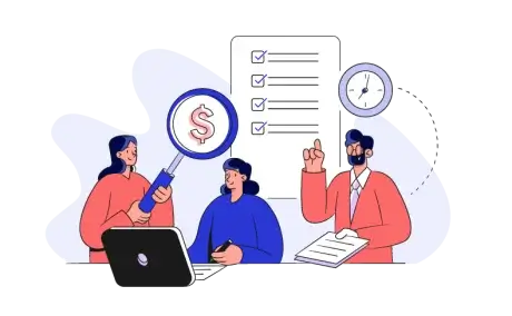 Illustration of three people discussing financial matters. One holds a magnifying glass with a dollar sign, another writes, and the third holds a list. A laptop and a clock are visible in the background.