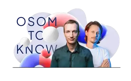Two men standing in front of a colorful abstract background with text reading "OSOM TO KNOW." The man on the left wears a dark shirt, and the man on the right is in a white shirt with crossed arms.