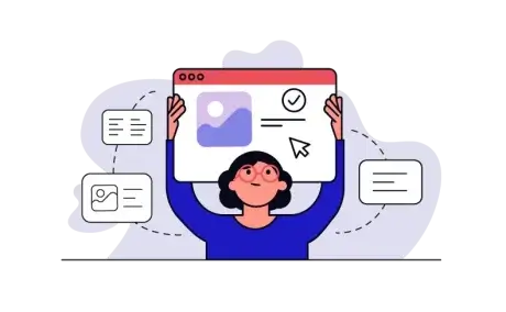 Illustration of a person with glasses holding up a large WordPress web browser window, featuring an image and a checkmark, surrounded by floating icons and speech bubbles.