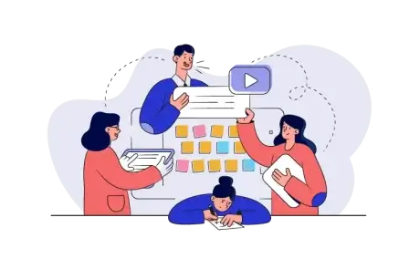 Illustration of a group collaborating on a project. One person writes on paper, another holds a tablet, one holds a paper, and another presents a board with sticky notes. A video play button symbol is visible above.