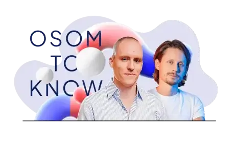 Two men are in the foreground against a background with abstract shapes. Text reads "OSOM TO KNOW." One man has a shaved head and wears a striped shirt; the other has medium-length hair and a white shirt.