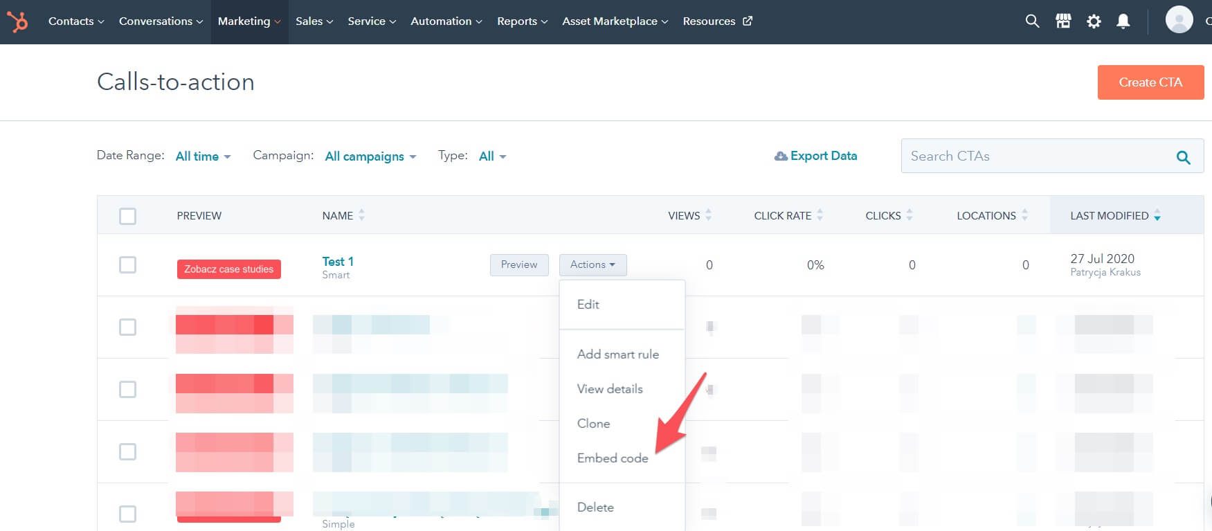 A screenshot of a HubSpot dashboard showing a list of call-to-action items. A dropdown menu is open next to one item, highlighting the "Embed code" option with a red arrow. Navigation tabs are visible at the top.