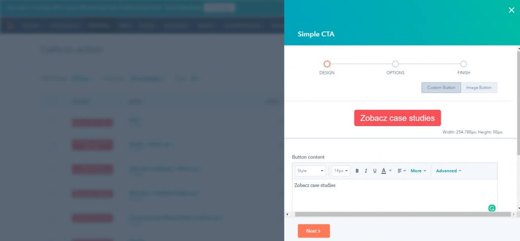 Screenshot of a webpage interface showing a "Simple CTA" editor. The editor includes tabs for "Design," "Options," and "Finish," with options for customizing button text, style, and size. A red button reads "Zobacz case studies.