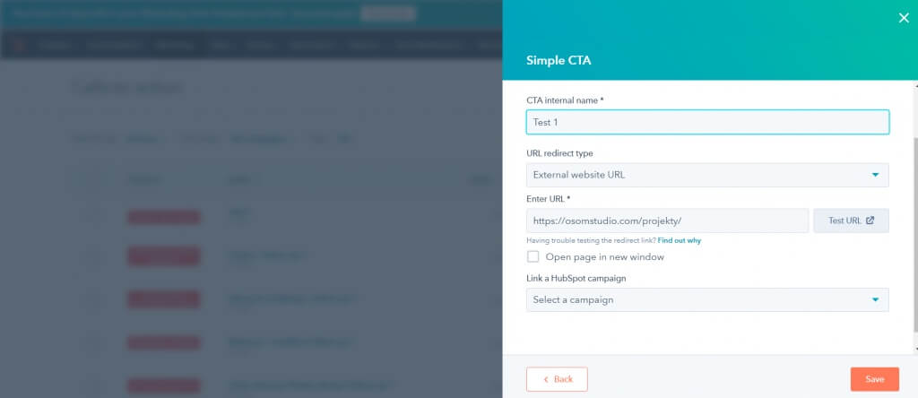 Screenshot of a web interface for creating a simple Call to Action (CTA). Fields include CTA internal name, URL redirect type set to an external website with a sample URL, and options for linking a HubSpot campaign and opening the page in a new window.