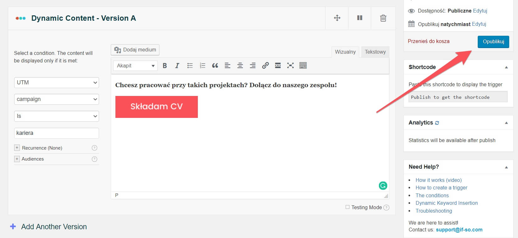 A WordPress interface in Polish showing a post editor. A text block says "Chcesz pracować przy takich projektach? Dołącz do naszego zespołu!" with a button labeled "Składam CV." Options on the right include publishing and analytics settings.