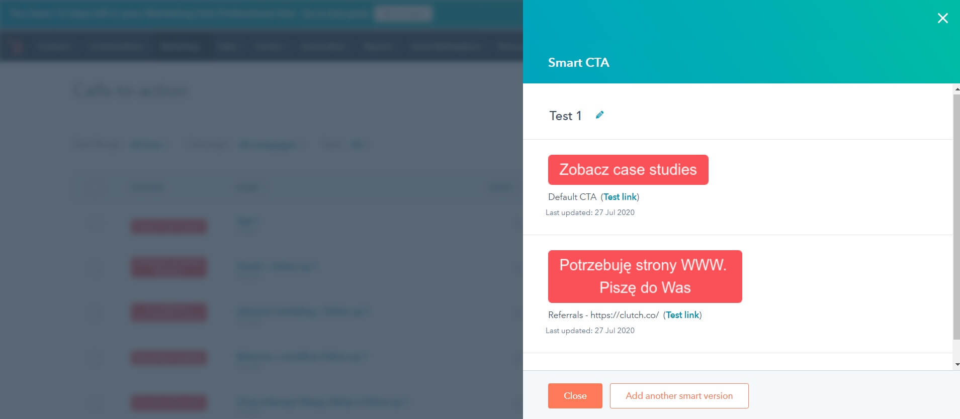 Screenshot of a Smart CTA editing window. It shows two call-to-action buttons with Polish text: "Zobacz case studies" and "Potrzebuję strony WWW". The window offers options to edit or add another version.