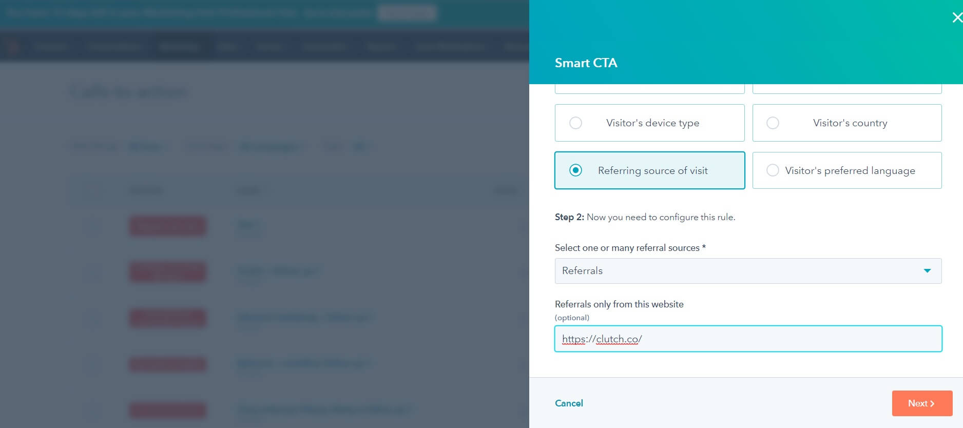 A screenshot of a webpage showing the setup for a "Smart CTA." Options include filtering by visitor's device type, country, referral source, and preferred language. A URL field is highlighted with an example link. Buttons for "Cancel" and "Next" are visible.