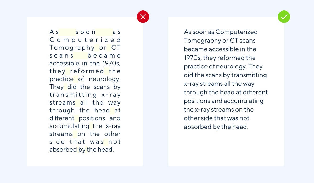 Comparison of two paragraphs. The left paragraph has irregular line breaks and is hard to read. The right paragraph has a clean, justified format, illustrating improved readability.