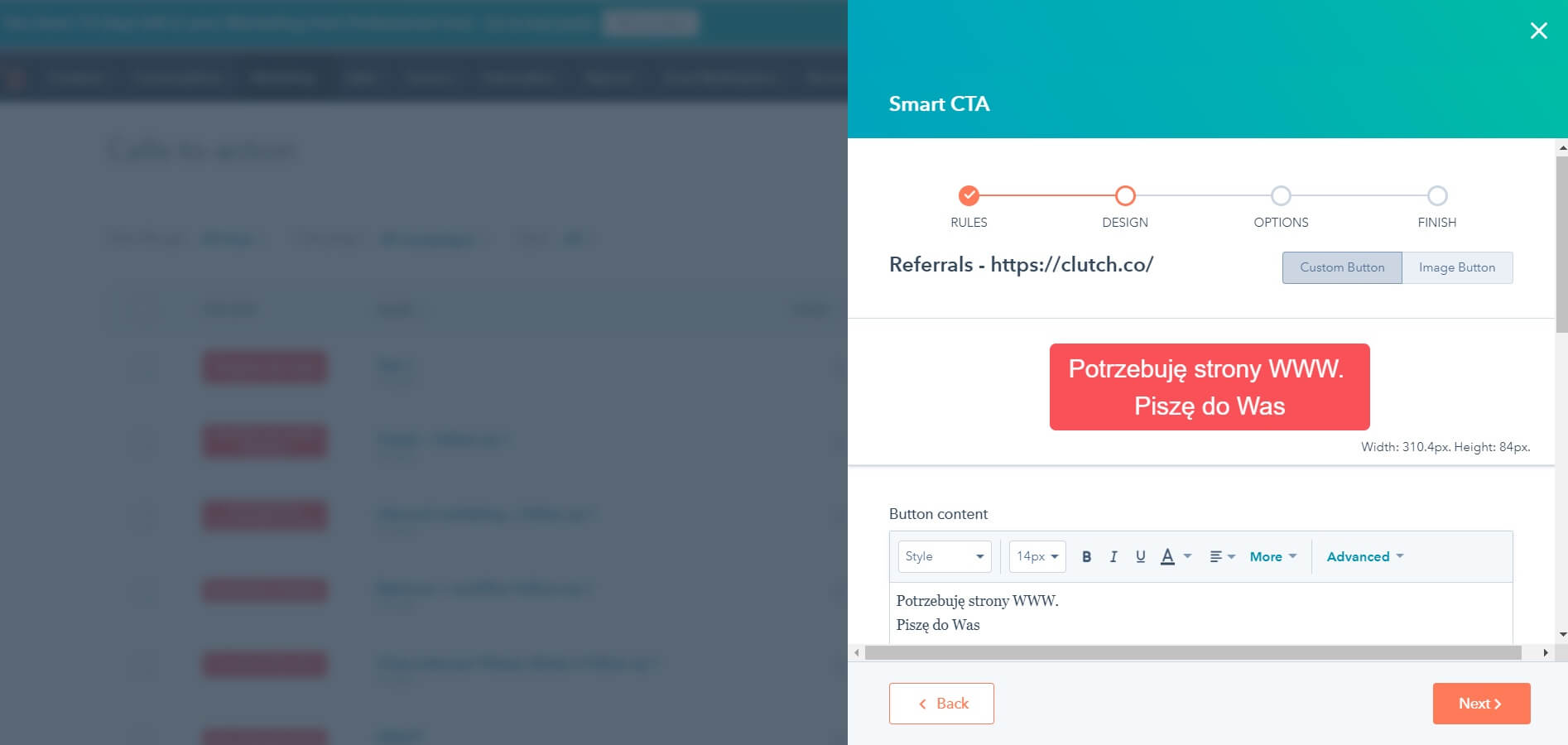 A software interface displaying a "Smart CTA" setup with tabs for Rules, Design, Options, Finish. There's a customizable text section with Polish text, "Potrzebuję strony WWW." A "Next" button is visible at the bottom.
