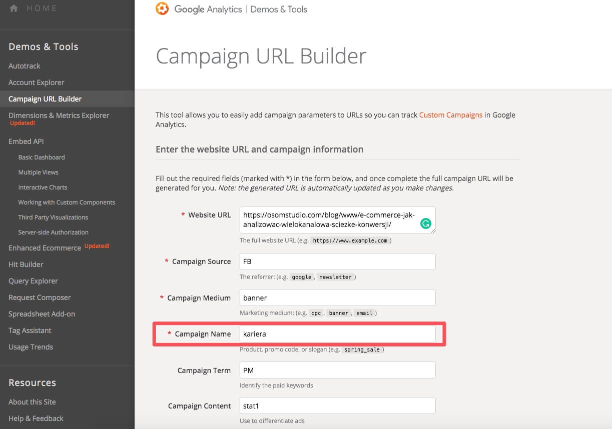 Screenshot of the Google Analytics Campaign URL Builder page. It shows fields for Website URL, Campaign Source, Medium, Name, Term, and Content. The "Campaign Name" field is highlighted in red. Sidebar menu on the left.