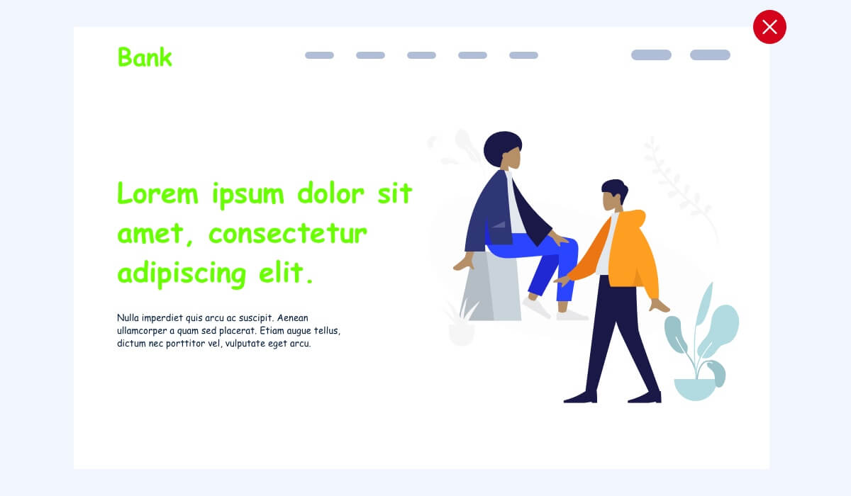 Illustration of two people interacting in a minimalist scene with greenery. On the left, placeholder text in green and black on a white background. A red circle with a white 'X' is in the top right corner.