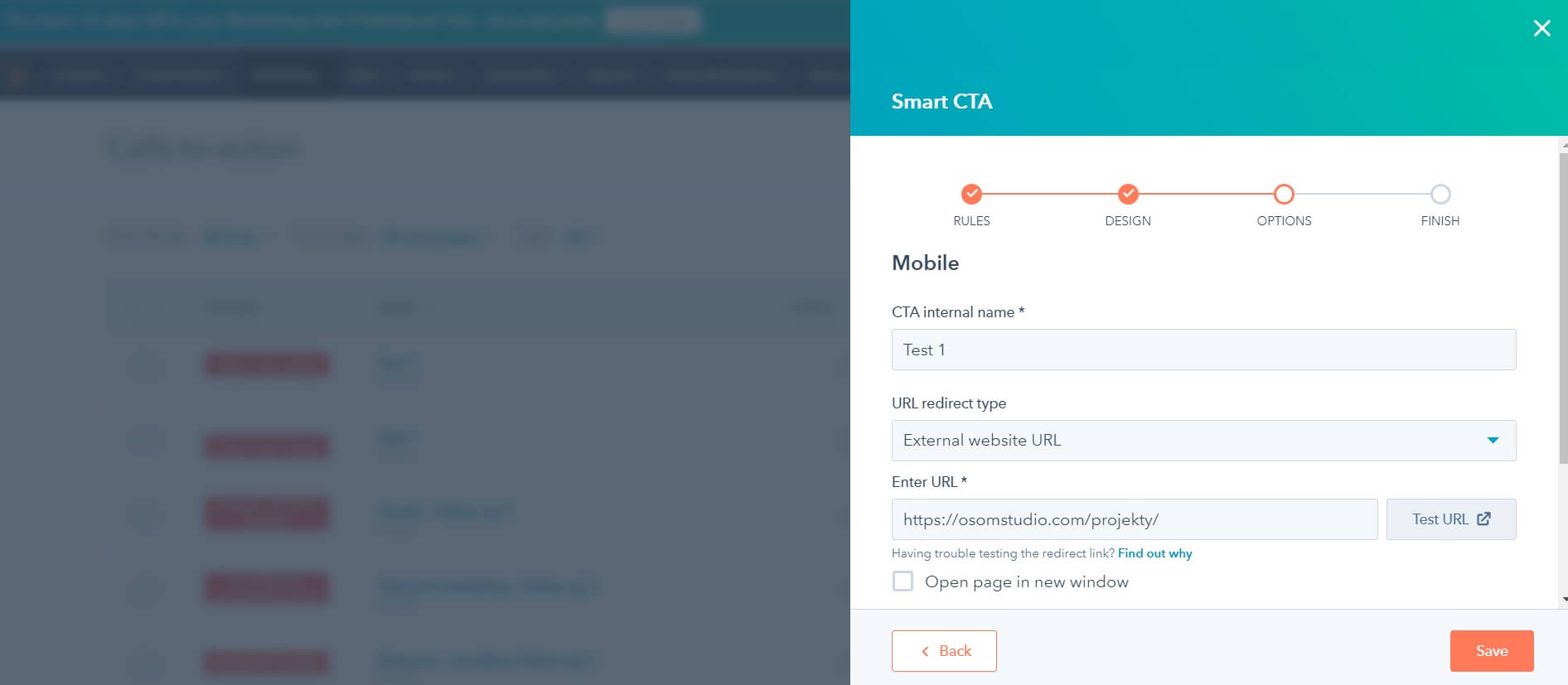 Screenshot of a "Smart CTA" configuration interface on HubSpot. The panel shows fields for CTA name, URL redirect type, and URL entry. On the right side, progress headers include "Rules," "Design," "Options," and "Finish.