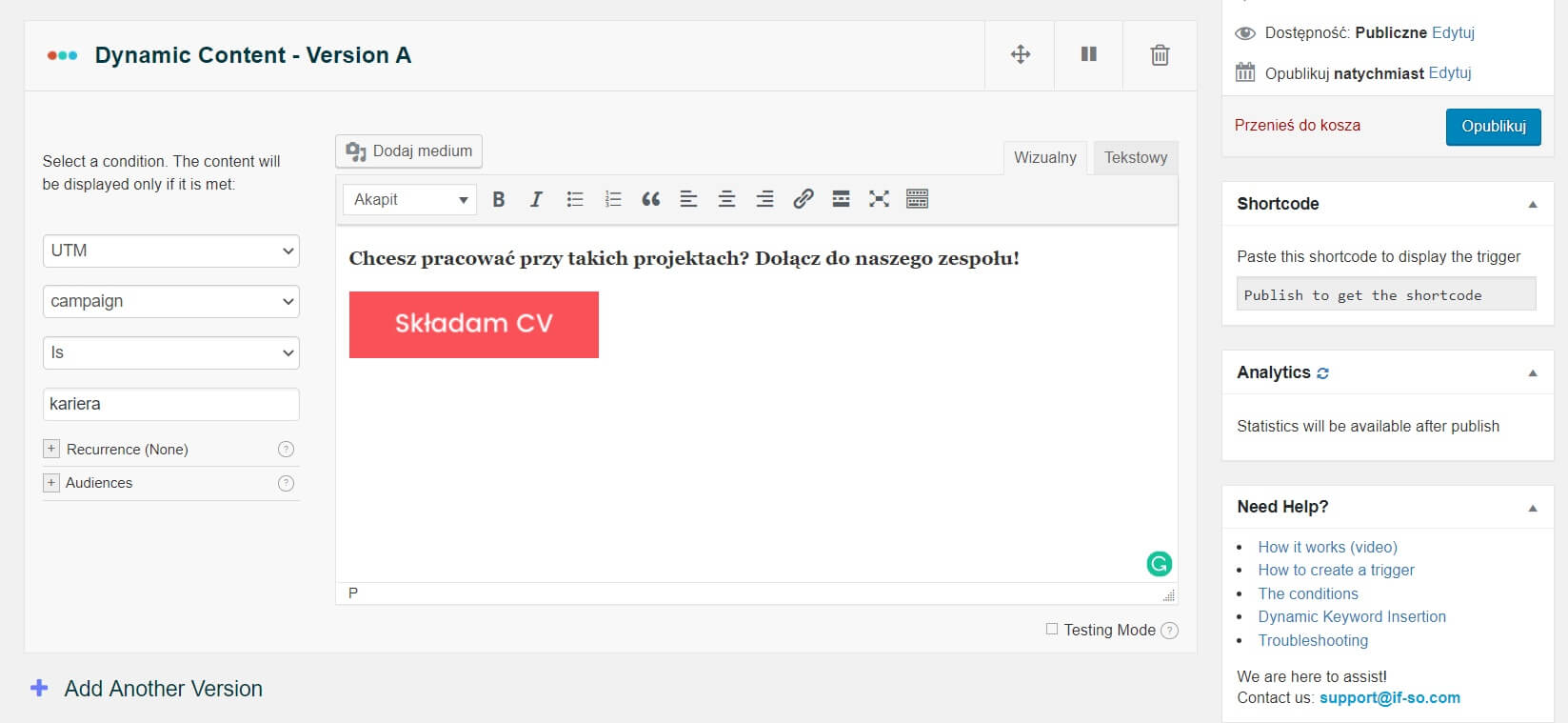 Screenshot of a content management platform interface showing a section for editing content. A red button labeled "Składam CV" is on the screen. The surrounding panels include settings, analytics, and additional options for managing dynamic content.