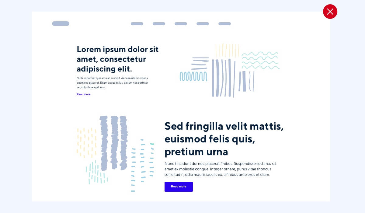 A webpage layout with abstract decorative elements, featuring headings and placeholder text in Latin. There are two sections with "Read more" buttons and abstract design patterns in light blue, green, and gray.
