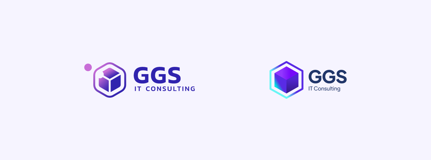 Two logos for "GGS IT Consulting" featuring a hexagonal shape with a cube inside. The logo on the left has a gradient purple color and the one on the right has blue and teal hues. Both include the company name in bold font.
