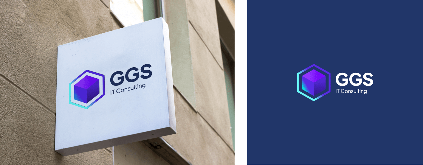 A sign for "GGS IT Consulting" features a geometric cube logo in purple and blue on a white background. The same logo and text are displayed on a navy blue background to the right.