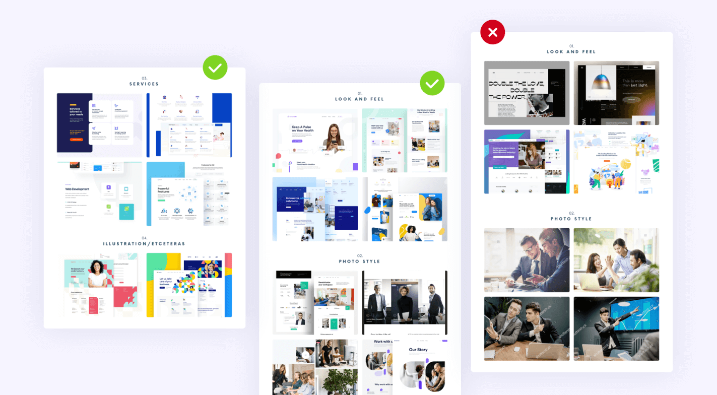 A comparison of three mood boards with two marked correct and one incorrect. The boards feature sections on services, look and feel, illustration, and photo style, with various images, layouts, and colors displayed.