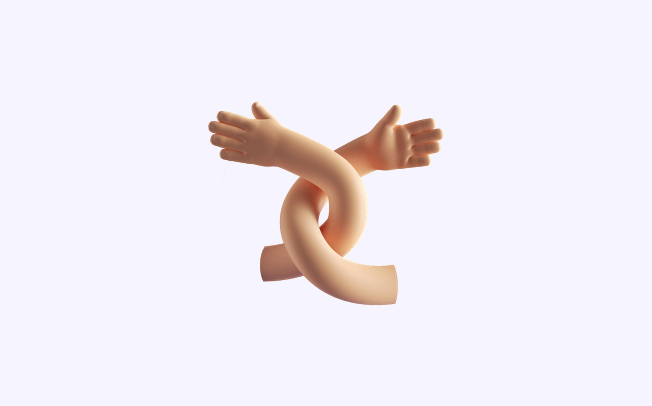 A 3D illustration shows two realistic human arms intertwined, crossing each other with open hands, set against a light gray background.