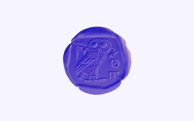 A blue wax seal featuring an engraved owl standing on a branch, with geometric shapes beside it. The seal is circular with an uneven edge.
