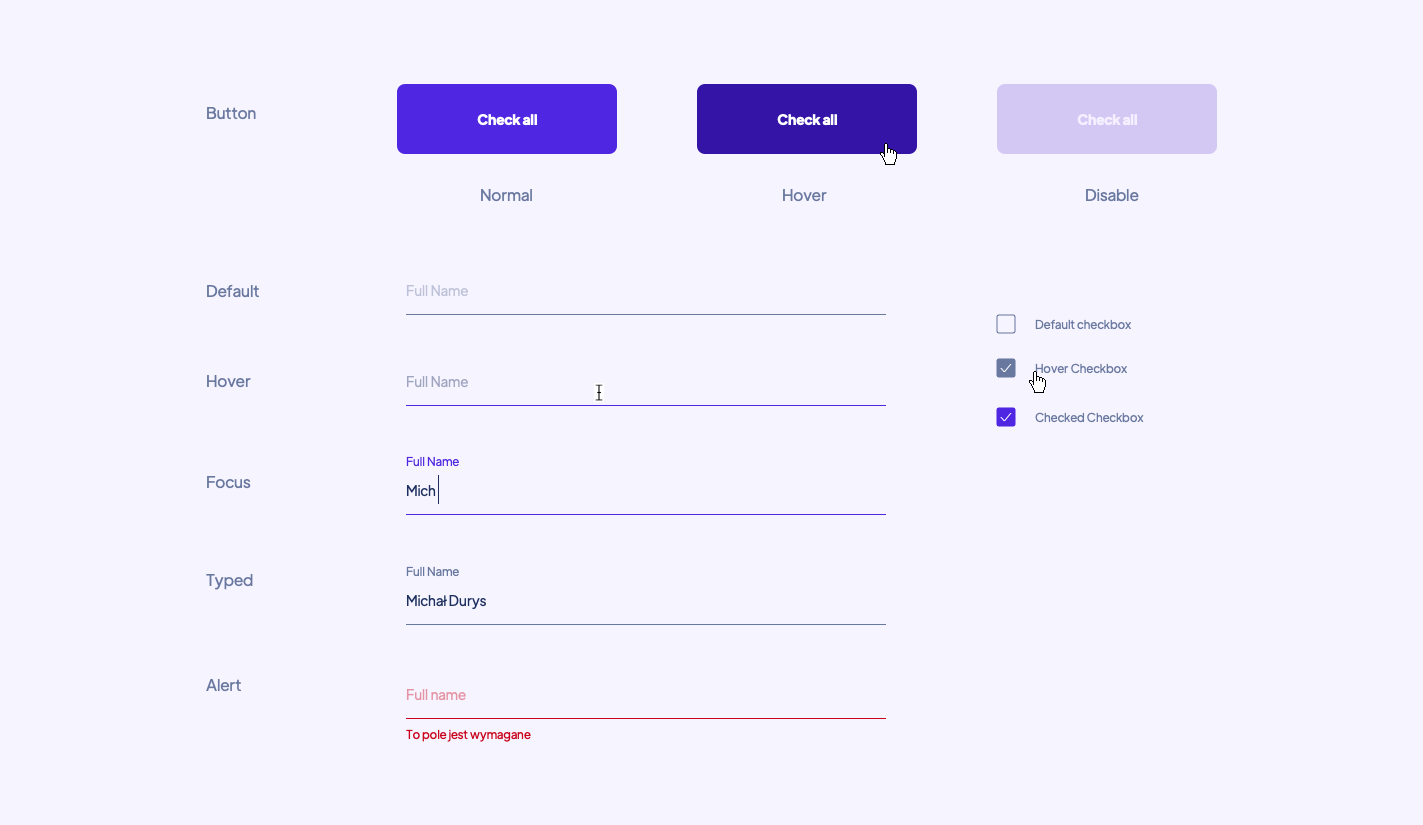 UI prototype displaying button states and input field behaviors. Includes "Check all" buttons in normal, hover, and disabled states, input fields with labels for various states like default, hover, focus, typed, and alert.