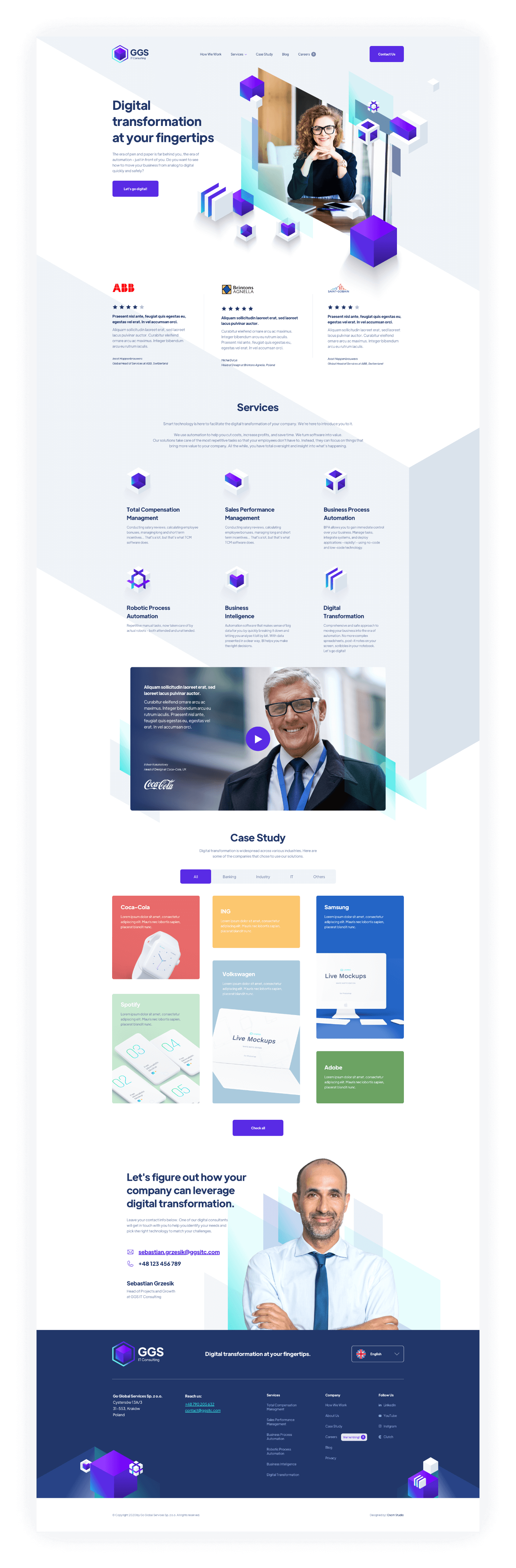 A modern website layout for a digital solutions company. The page features sections for a welcome message, services, testimonials, and a case study. It includes icons, a photo of a smiling person, and clear call-to-action buttons.