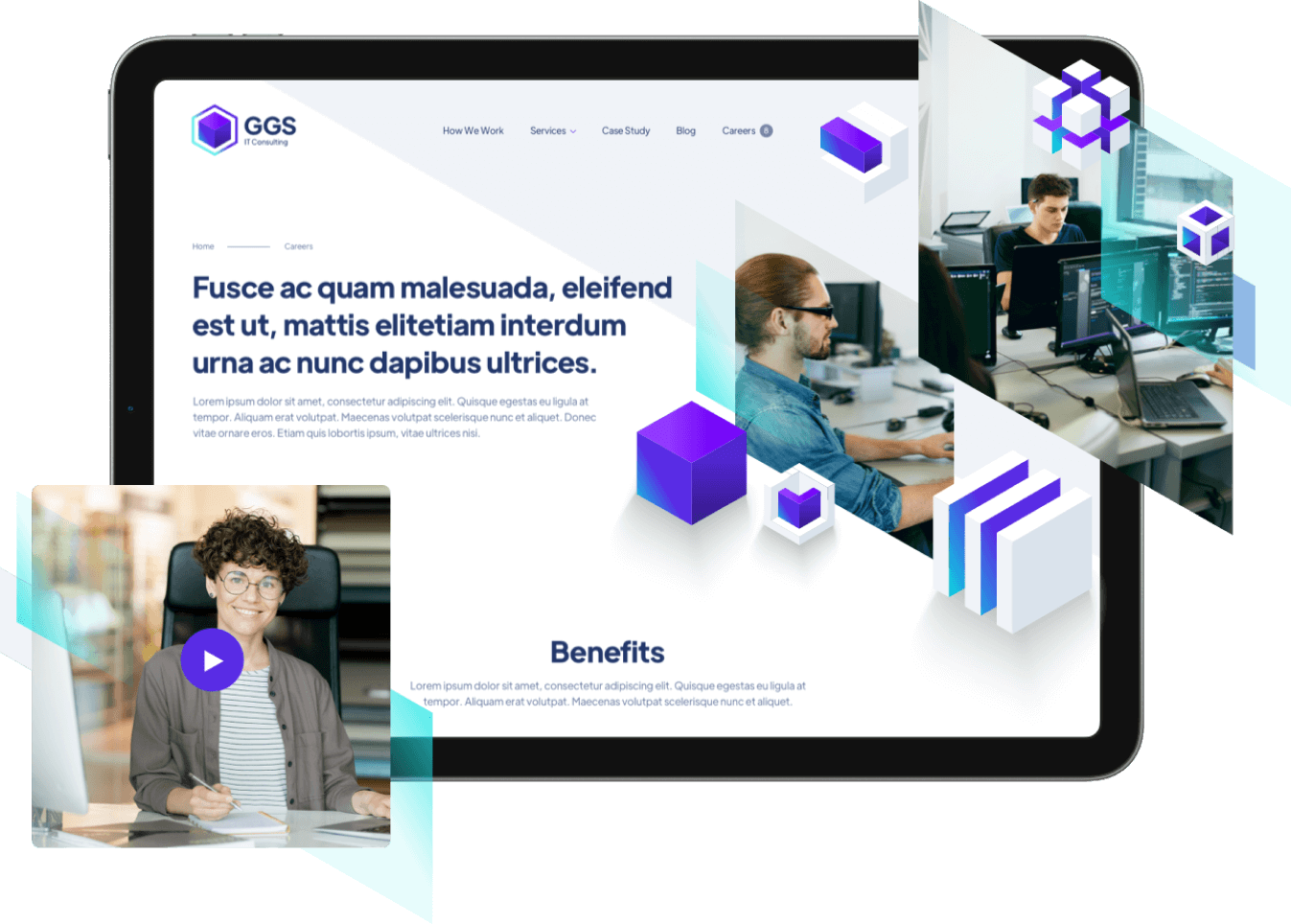 Mockup of a website design showing pages with a headline, text, and abstract geometric graphics. Inset images depict two people working at computers and a person with glasses smiling at the camera.
