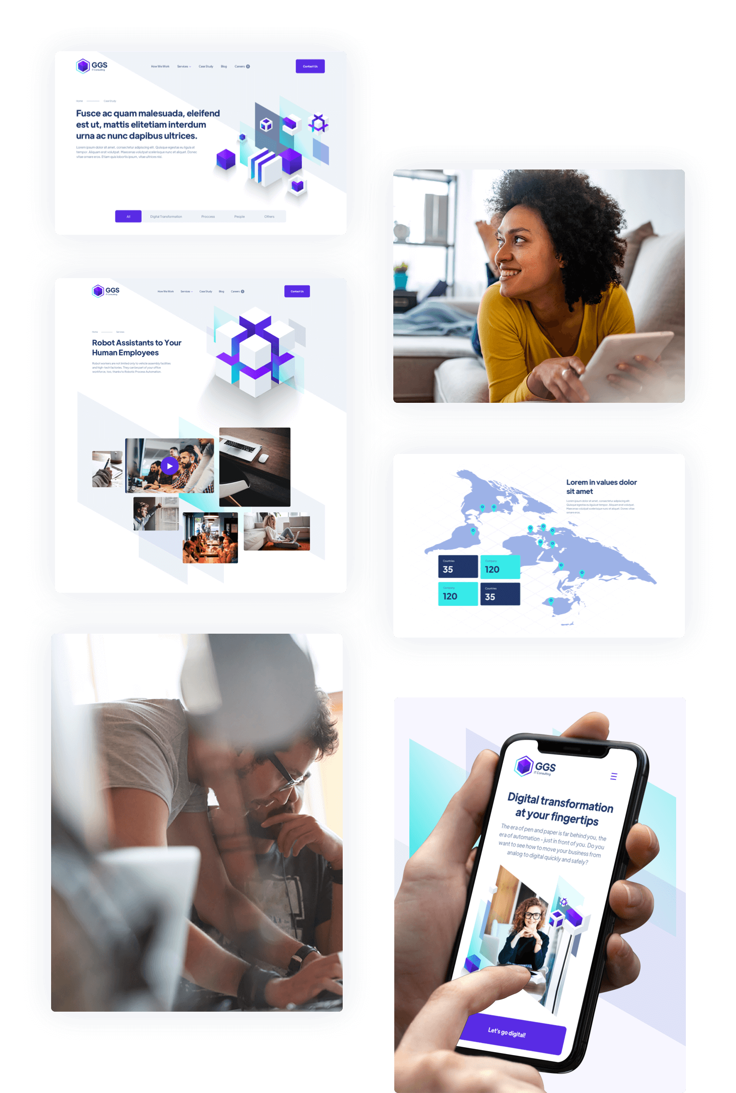 A collage of digital transformation-themed images, including a website layout with vibrant graphics, a woman with a tablet smiling, a smartphone displaying a digital platform, and a world map with data points.