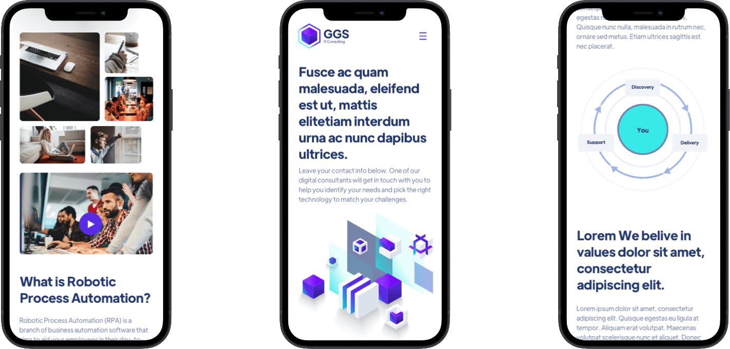 Three mobile phones display different screens: one with images of people working, one featuring a white interface with text and tech icons, and one showing a business diagram with arrows. The overall theme focuses on technology and automation.
