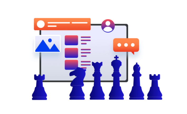 Illustration of blue chess pieces in front of a digital interface with orange and blue elements, including a profile icon, photo, and chat bubble, conveying a strategic or analytical theme.