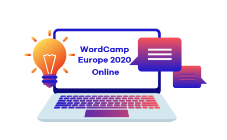 An illustration of a laptop displaying the text "WordCamp Europe 2020 Online." Surrounding the laptop are colorful speech bubbles and a light bulb icon, symbolizing ideas and communication.