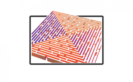 A 3D illustration of a colorful, square maze with vibrant red and purple hues. The maze is enclosed in a black, rectangular frame, creating an intriguing geometric pattern.