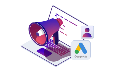 Illustration of a laptop with a large megaphone on the keyboard. A Google Ads logo is displayed on the screen alongside a user icon. The background is white.