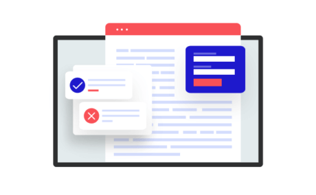 Illustration of a computer screen displaying text with two pop-up windows. One features a check mark, and the other shows a cross mark, symbolizing approval and disapproval. A blue window featuring input fields and a red button is also visible.