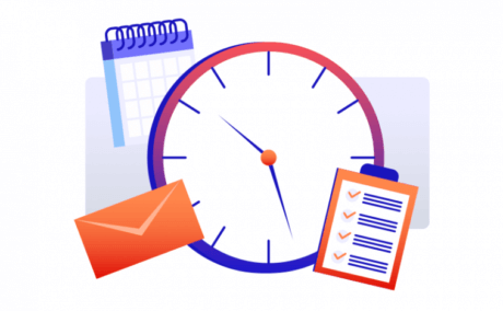 Illustration of a large clock with minute and hour hands. Surrounding it are a calendar, an envelope, and a clipboard with a checklist. The clock is central, and the other items suggest themes of time management and organization.