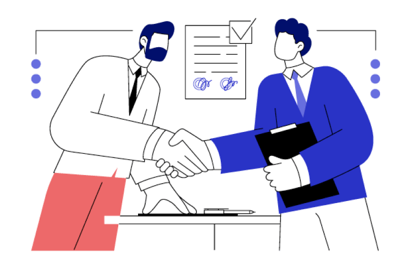 Illustration of two people shaking hands over a table, one holding a document. A contract with signatures is displayed in the background.