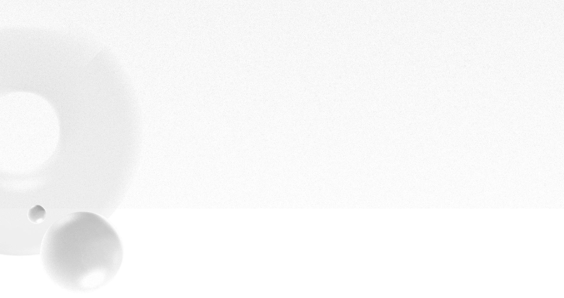 A grayscale abstract composition featuring large, smooth, semi-transparent spherical shapes on the left. The background gradually transitions from a grainy texture at the top to a solid black at the bottom.