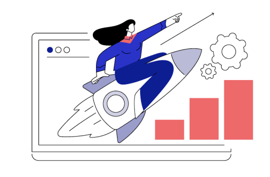 Illustration of a person in a blue outfit riding a rocket. They are pointing forward, with gears and a bar graph showing growth behind them, symbolizing progress and innovation.