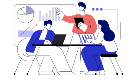 Illustration of three people collaborating at a table with laptops and tablets. One person is standing, pointing at charts on a screen, including pie and bar graphs, while two others are seated, engaging with their devices.