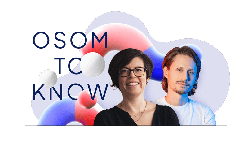 Two people are smiling in front of a modern, abstract background with blue, red, and white elements. The text "OSOM TO KNOW" is partially visible behind them, symbolizing innovative partnerships driving product growth.