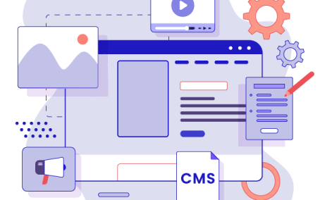 Illustration of a computer screen with enterprise CMS interface elements, images, a document, video, gears, and a megaphone icon, representing content management tools like WordPress for enterprise and digital media solutions.