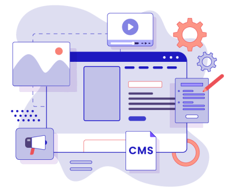 Illustration of a computer screen with enterprise CMS interface elements, images, a document, video, gears, and a megaphone icon, representing content management tools like WordPress for enterprise and digital media solutions.