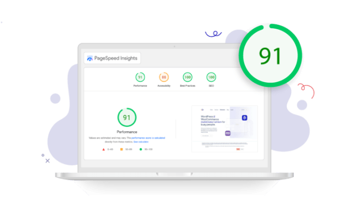 A laptop screen showcases a PageSpeed Insights result with a score of 91, reflecting strong optimization. Performance, Accessibility, Best Practices, and SEO each shine at 100. A large green circle with “91” sits above the screen, surrounded by colorful abstract shapes—ideal for those seeking WordPress maintenance services.