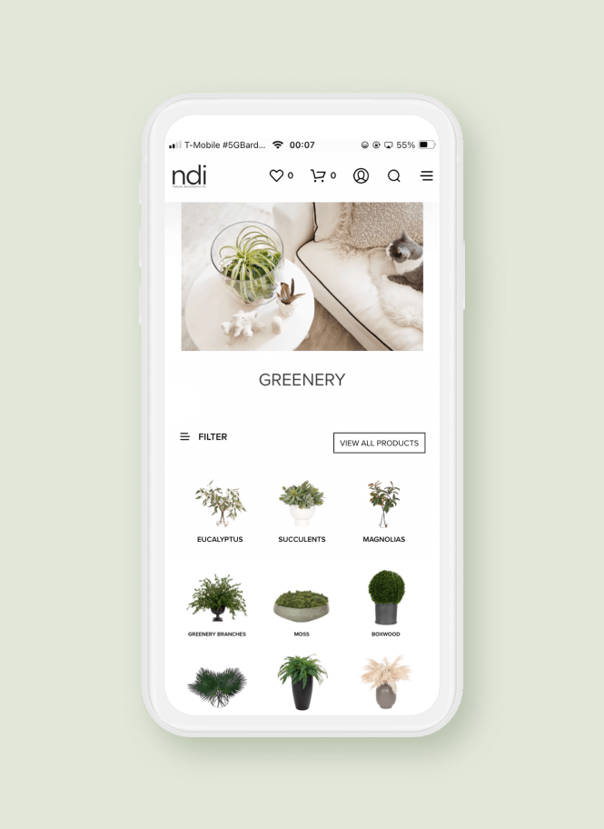 A smartphone displaying an e-commerce website with various plant options. The screen shows product categories like eucalyptus, succulents, and magnolias. With a light green background and a white case, it seamlessly integrates WooCommerce for effortless shopping.